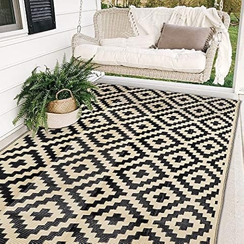 SAND MINE Reversible Mats, Plastic Straw Rug, Modern Area Rug, Large Floor Mat and Rug for Outdoors, RV, Patio, Backyard, Deck, Picnic, Beach, Trailer, Camping, Black & Beige, 5' x 8' Cover