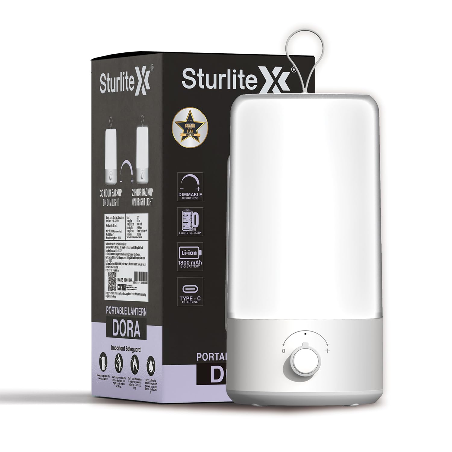 Sturlite Dora 22W LED Portable Lantern| 1800mAh Rechargeable Li-ion Battery| Upto 30Hrs Long Battery Back Up| Knob for Brightness Adjustment| LED Lamp with Type- C Charging Cable - (Pack of 1)