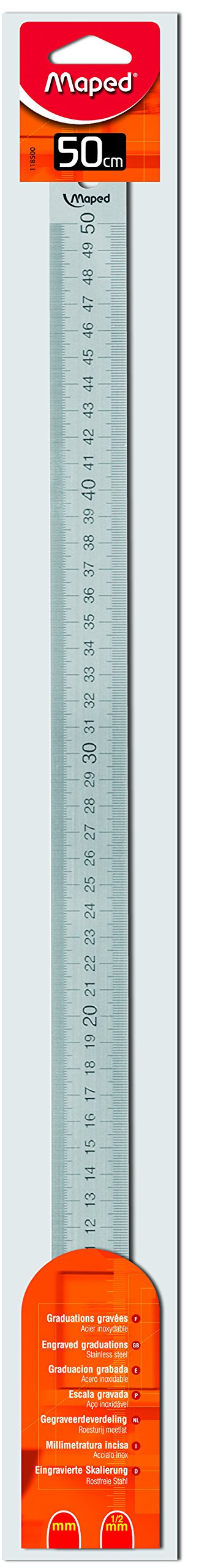 Maped – Réglet 50cm – Réglet Inox, en Acier Inoxydable - Avec graduations sur les 2 Faces en Creux - Largeur de 3cm avec Trou pour Suspension