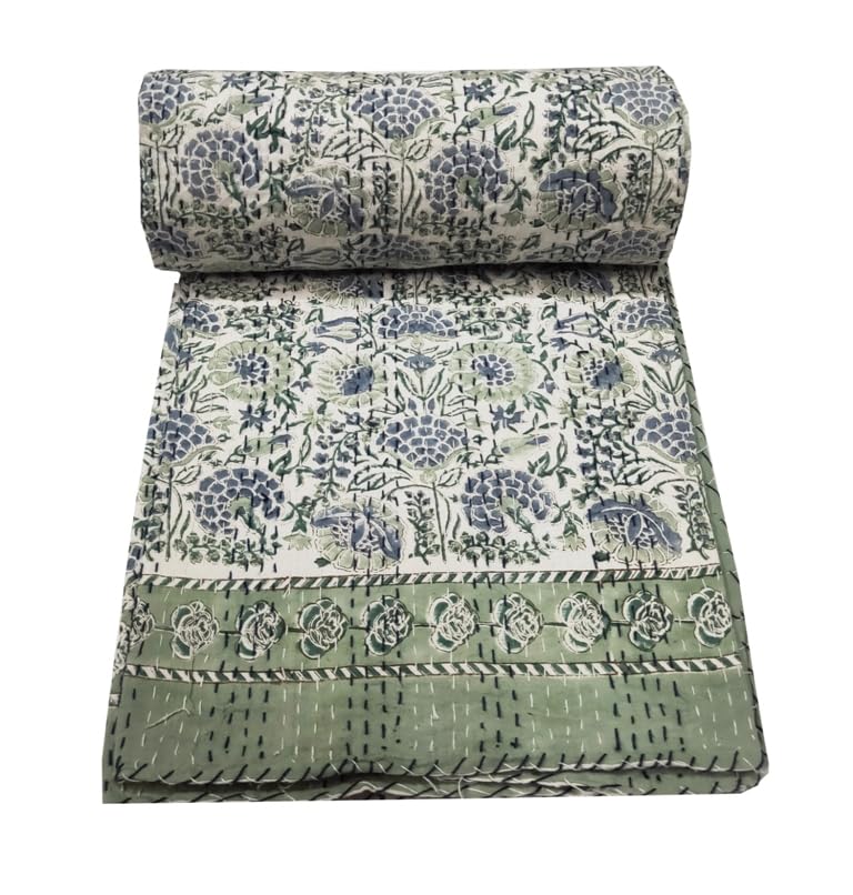 V Vedant Designs Indian Kantha Quilt Handmade Throw Reversible Blanket Bedspread Block Print Fabric Bohemain Quilt Twin/Queen Chic Bedding coverlets (Block 01, Twin)