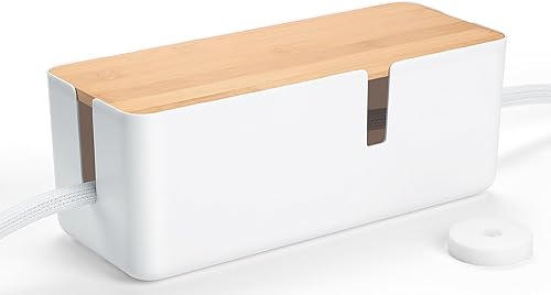 Caja de organización de cables con tapa de bambú, caja de cable blanco, caja organizadora de cables para ocultar sobretensiones, cables de
