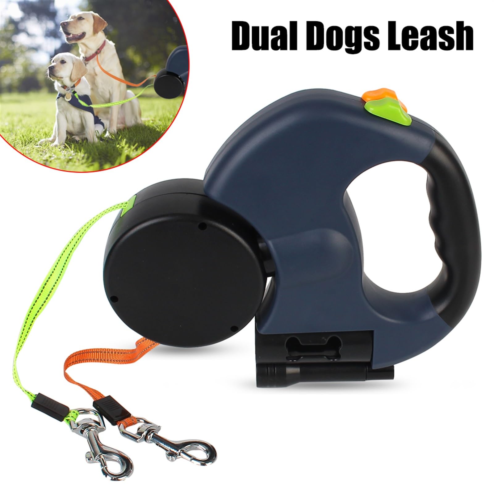 Corda Retrattile per Cani, Guinzaglio Doppio for Cani con Corda di trazione a Doppia estremità, Retrattile Automatico da 3 m, con Torcia, Sacchetto for rifiuti, Scatola for Cani
