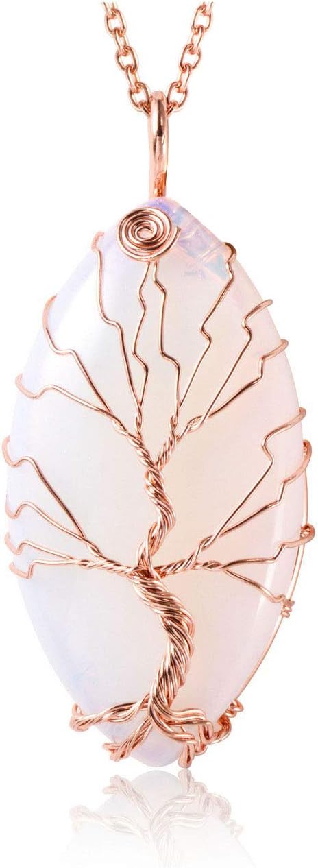 Top Plaza Rose Gold Copper Wire Wrapped Tree of Life Natural Gemstone Horse Eye Shape Pendant Necklace Healing Crystal Chakra Jewelry for Women - Synthetic Opalite