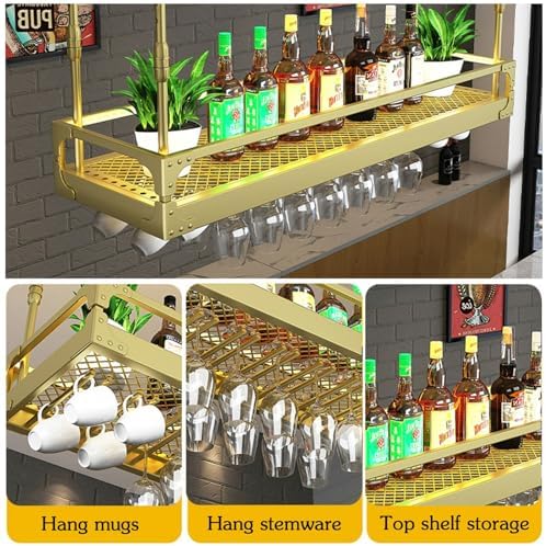 Ceiling Wine Glass Rack, Metal Adjustable Hanging Stemware Wine Rack with Guardrail, Stemwares Holder Glass Storage Hanger Organizer for Bar Cafe Kitchen(Gold,23.6in)