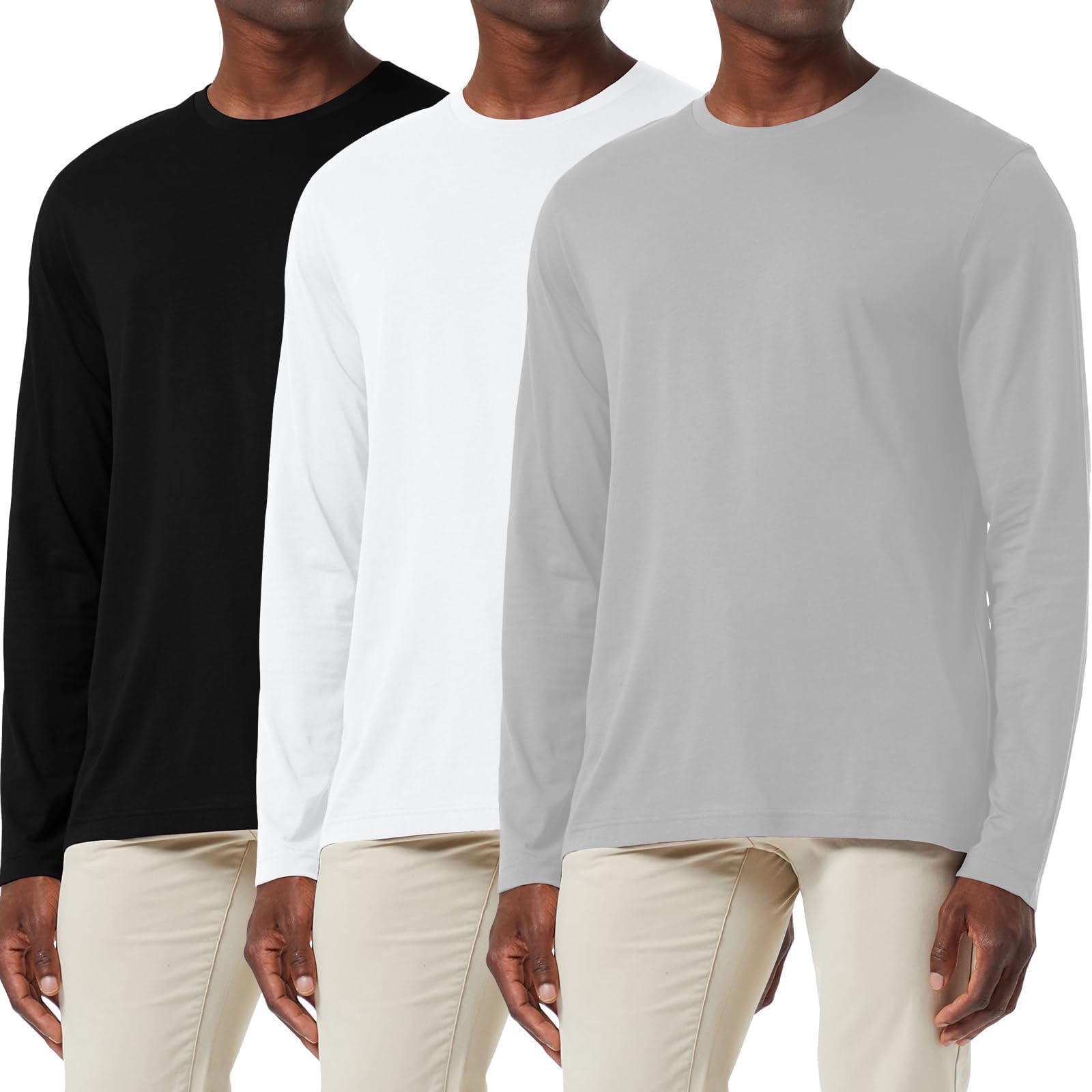Paquete de 3 camisetas de manga larga para hombre, holgadas, absorben la humedad, cuello redondo, ligeras, cómodas, informales, capa base