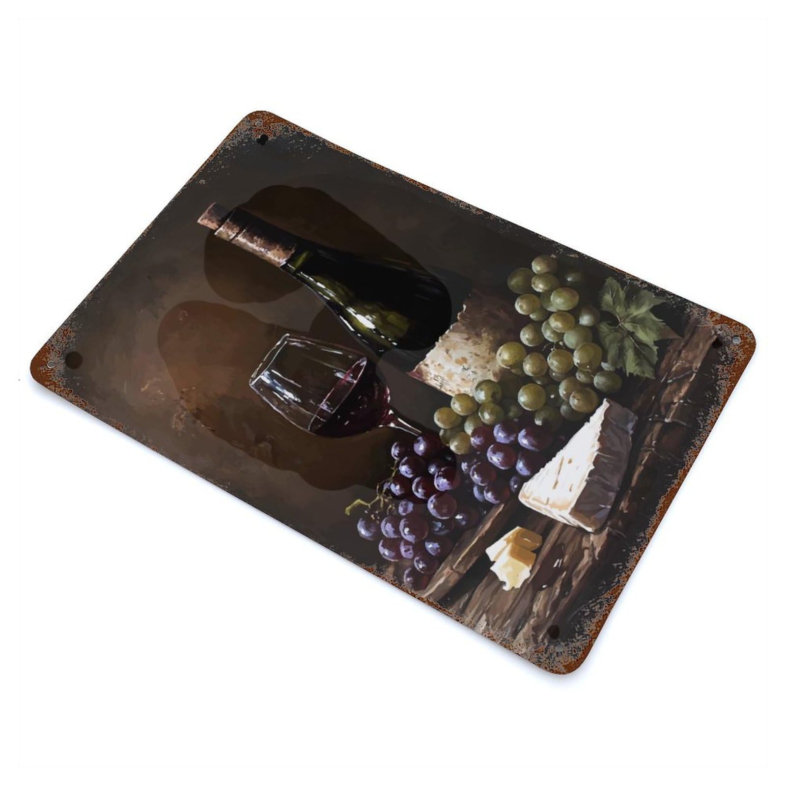 Wine, Grapes, And Cheese Still Life 11.8"x7.9" Rust Effect Tin Sign, Decorative Metal Wall Art for Garage, Bar And Workshop Decor