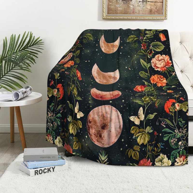 Moonlight Flower Garden Blanket,The Warm Cozy Fuzzy Unique Lunar Night Sky Moon Eclipse Fleece Soft Throw Blanket for Couch Chair Bed Sofa 40"X50"(Moon) - Image 6