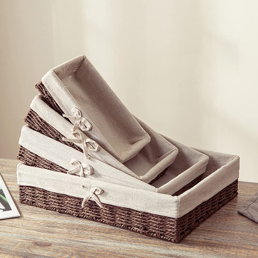 Misright Wicker Fruit Bread Storage Basket Vintage Faux Rattan Woven Rectangular Bins Sweet Bowknot Farmhouse Desktop Sundries