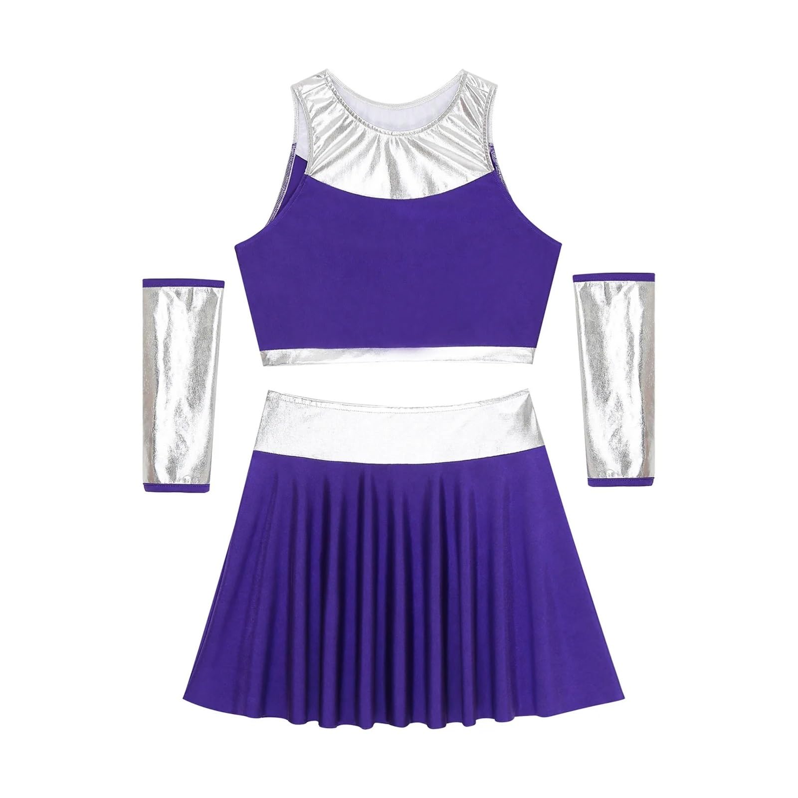 Cheerleader Kostüme Damen Halloween Metallic Patchwork Anzug Cheerleading Outfits Ärmelloses Crop Top Handschuhe und Mini Swing Rock Cosplay Kostüme(L)