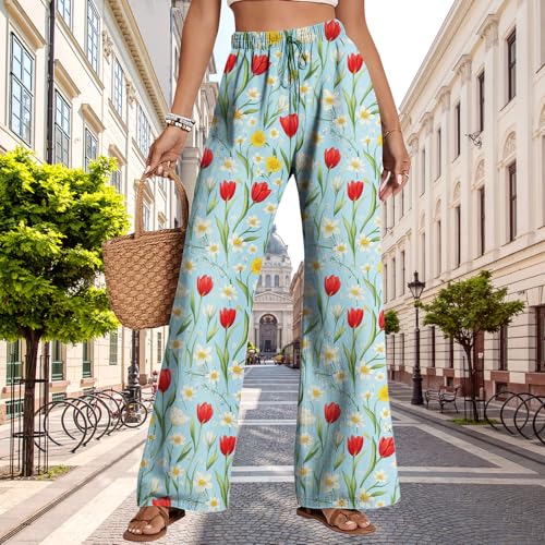 Womens Tulip Print Pants Summer Boho Floral Graphic Casual Trousers Elastic Drawstring High Waist Pant Lightweight4