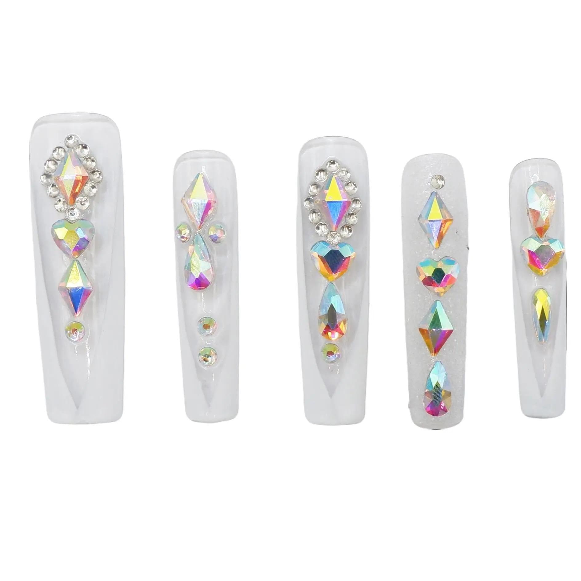 SLANGO Hand Made Press on Nails, 1.7" Long Square Shape White French Tips Acrylic False Nails with Metal Charms Set B55, S