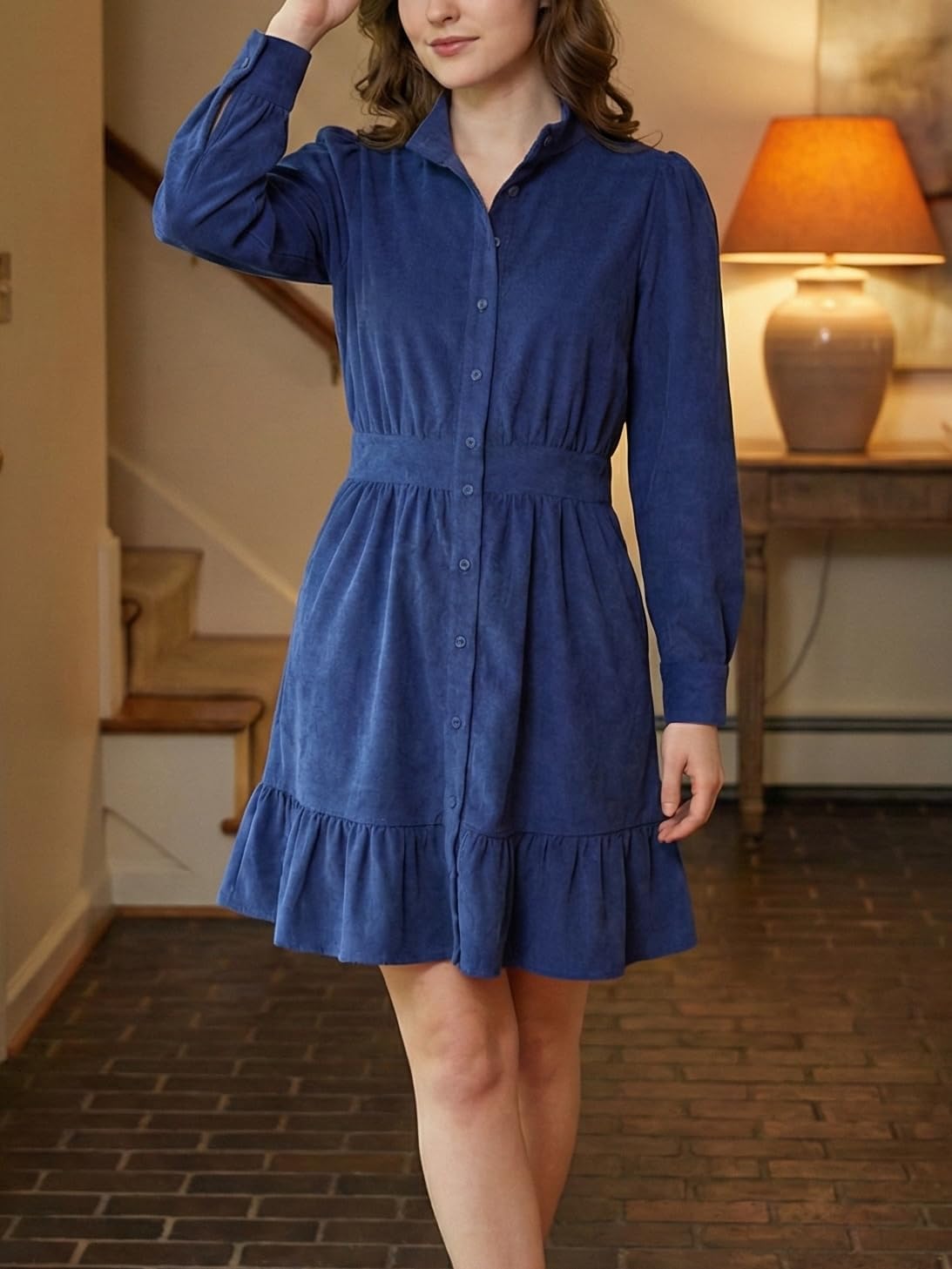 Kuraki Women's Corduroy Button Front Long Sleeve A Line Ruffle Hem Dress with Pockets - Image 5