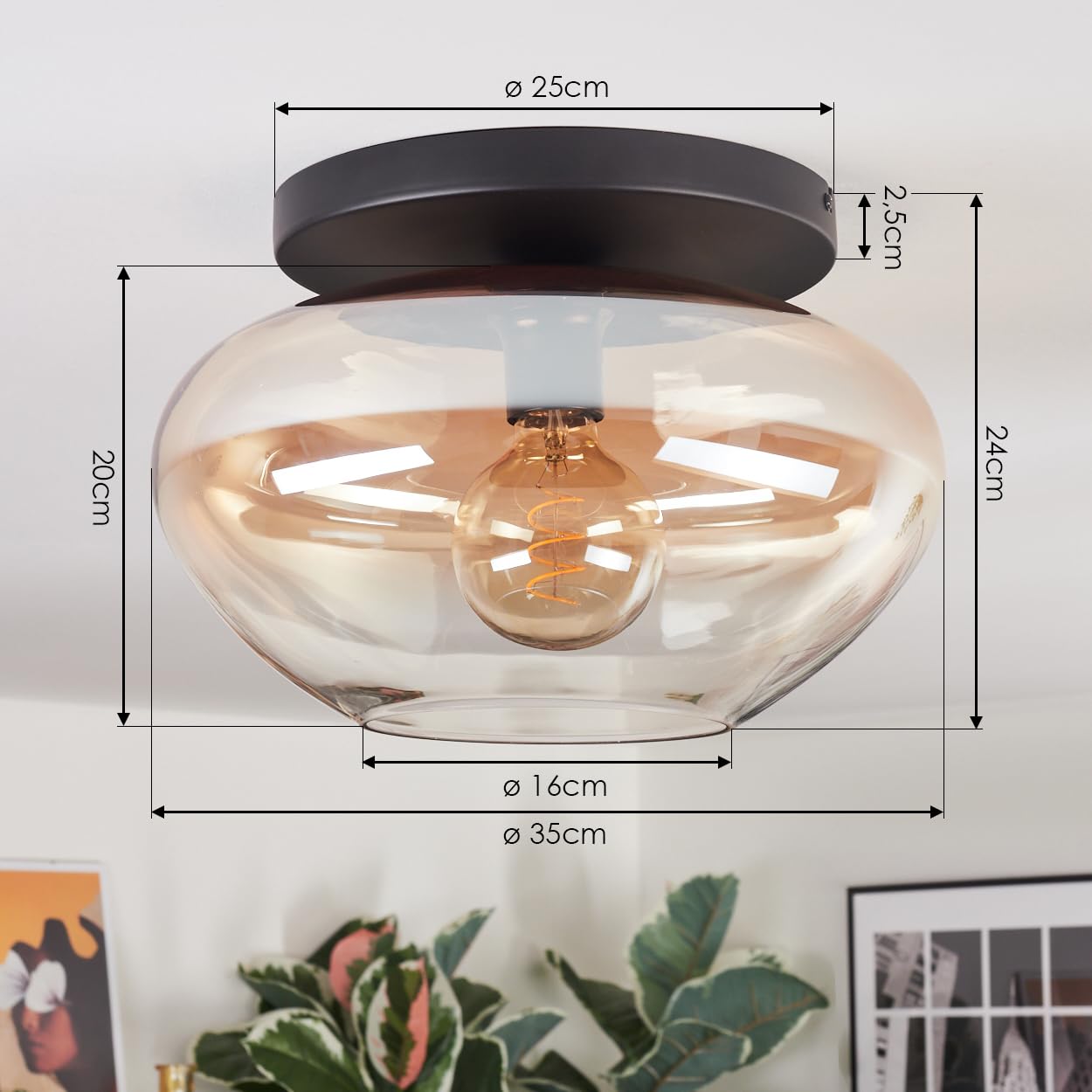 Plafonnier HOFSTEIN Mertola, plafonnier à 1 ampoule en métal/verre noir/ambre/clair, luminaire au design rétro/vintage (abat-jour Ø 35 cm), E27, salle à manger, salon, cuisine, couloir, bureau