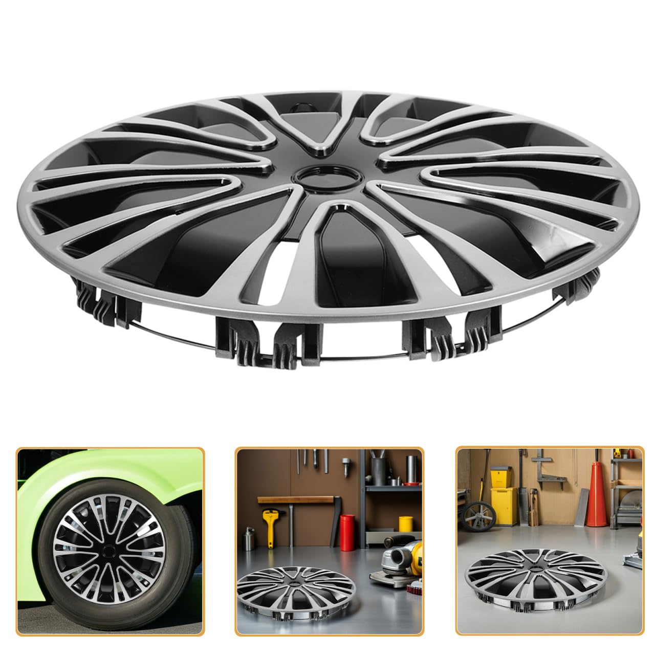 Cabilock Enjoliveur de Roue 13 Pouces Universel Argenté et Noir, Cache Moyeu Automobile en Plastique Abs Résistant, Couvercle de Jante pour Auto, Voiture, Fiesta, C3 et Panda