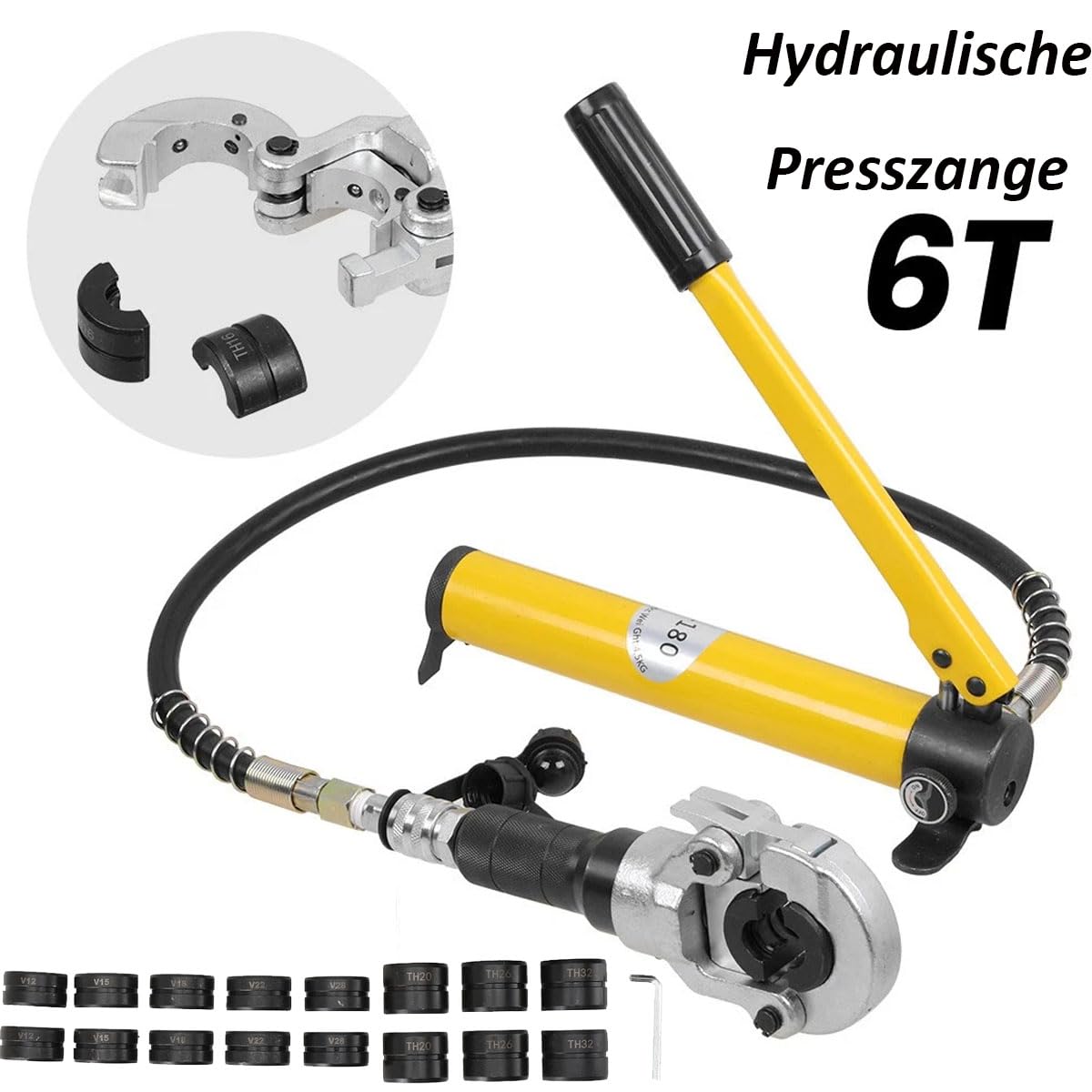 6T Hydraulische Presszange Manuelle Crimpzange Presszange V12-28mm Hydraulische Crimpzange TH16-32mm Rohrpresszange Handpresswerkzeug Set für PEX-Rohre PB-Rohre Kupferrohre