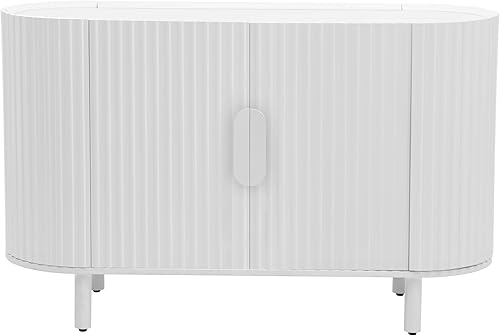 Miniatura 22 de Aparador de armario de almacenamiento curvado con 2 puertas y 2 cajones, mesa consola de entrada de madera de 55 pulgadas con puerta lateral curvada