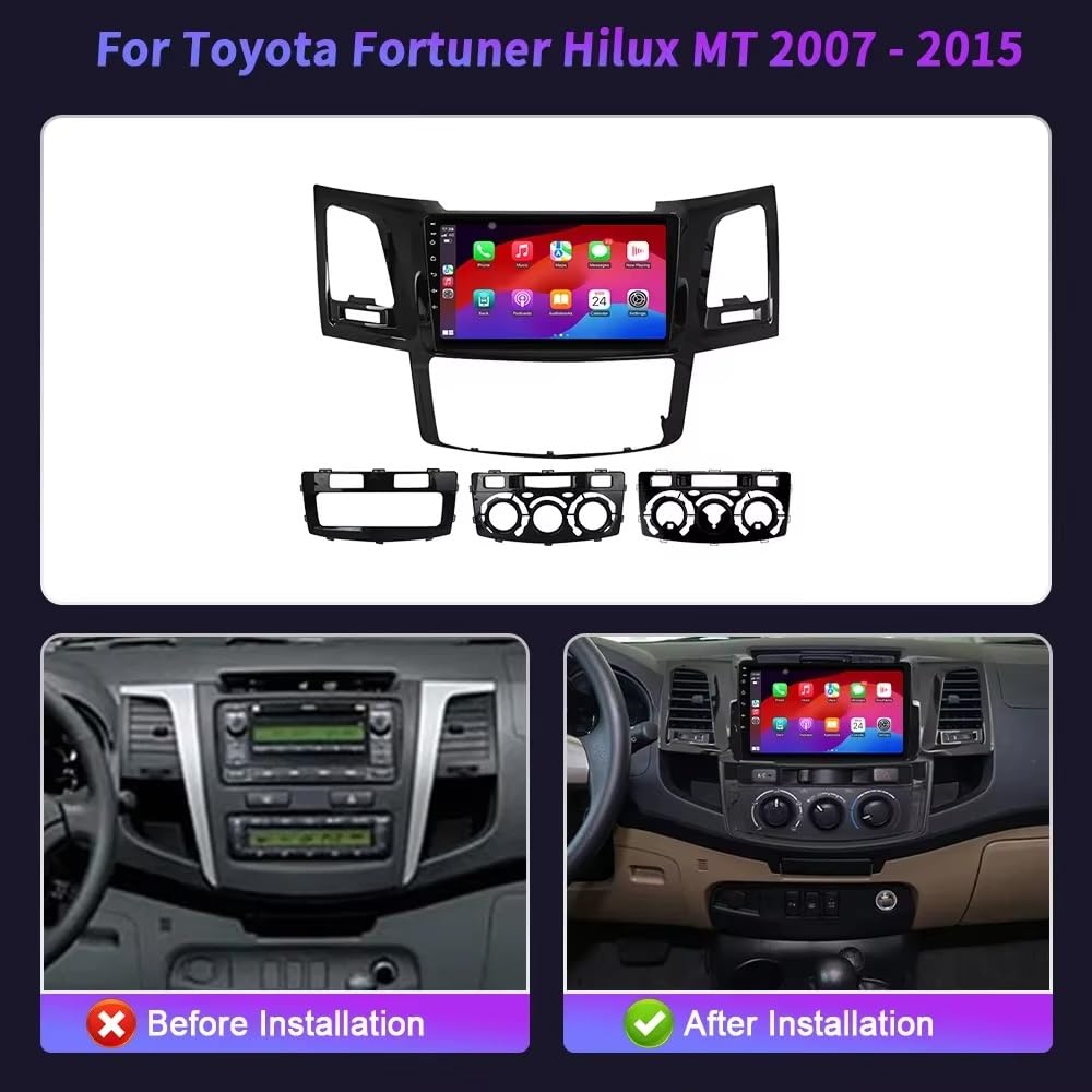 Radio samochodowe z ekranem dotykowym Android 15, 9 cali, 2 DIN, do Toyoty Fortuner Hilux MT 2007-2015, z funkcją CarPlay BT FM RDS, USB WIFI SWC, tylną kamerą i odtwarzaczem multimedialnym