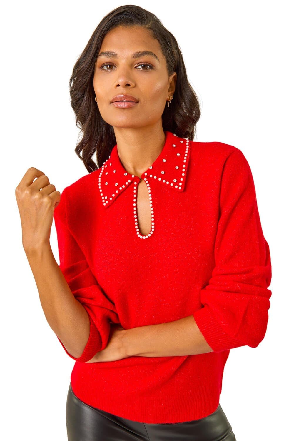 Roman Women's Faux Pearl Collared Keyhole Knit Jumper in Red | Size: 20