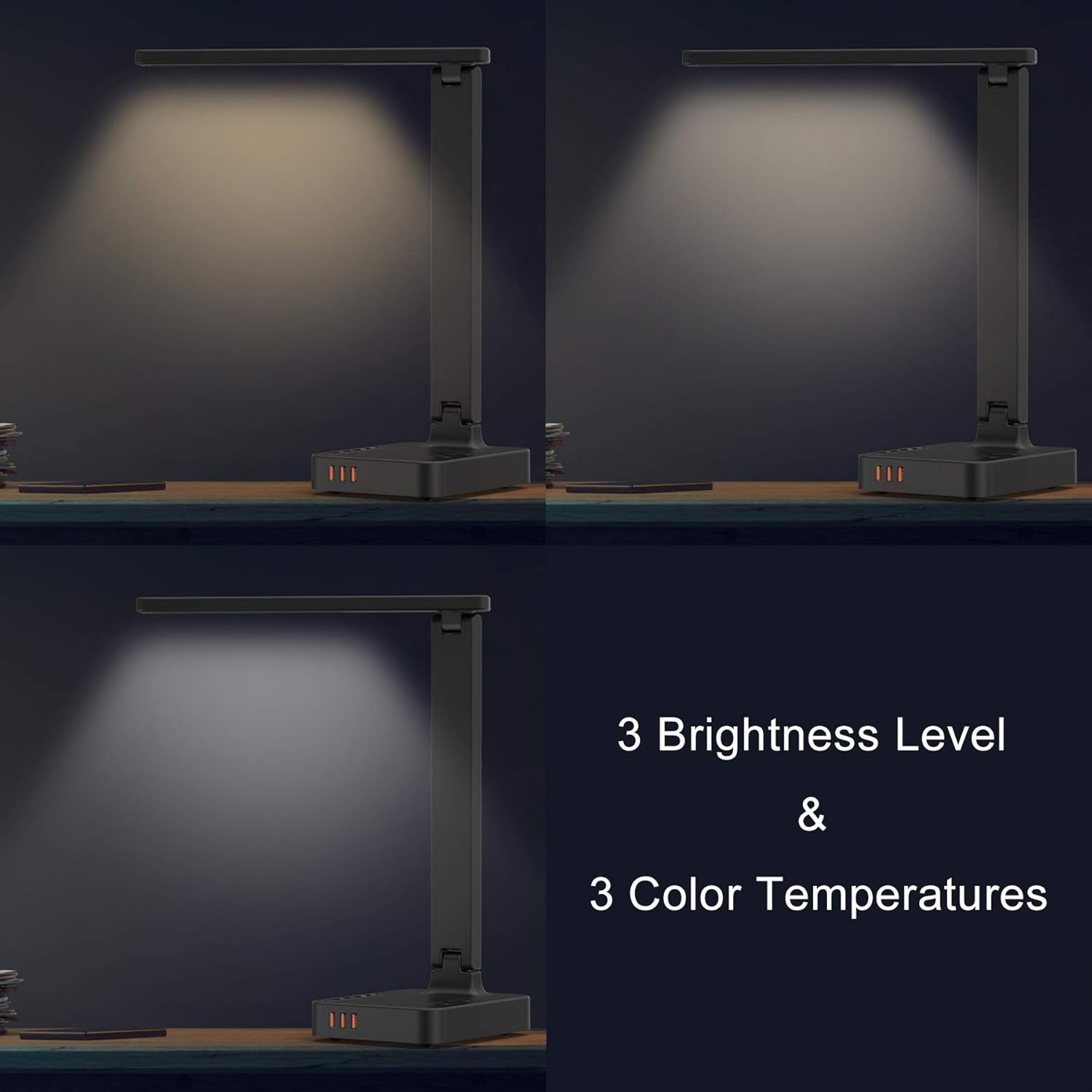 COZOO LED Desk Lamp with 3 USB Charging Ports and 2 AC Outlets,3 Color Temperatures & 3 Brightness Levels, Touch/Memory/Timer Function,10W Eye Protection Foldable Reading Light,Lamp Supply for Student - - 