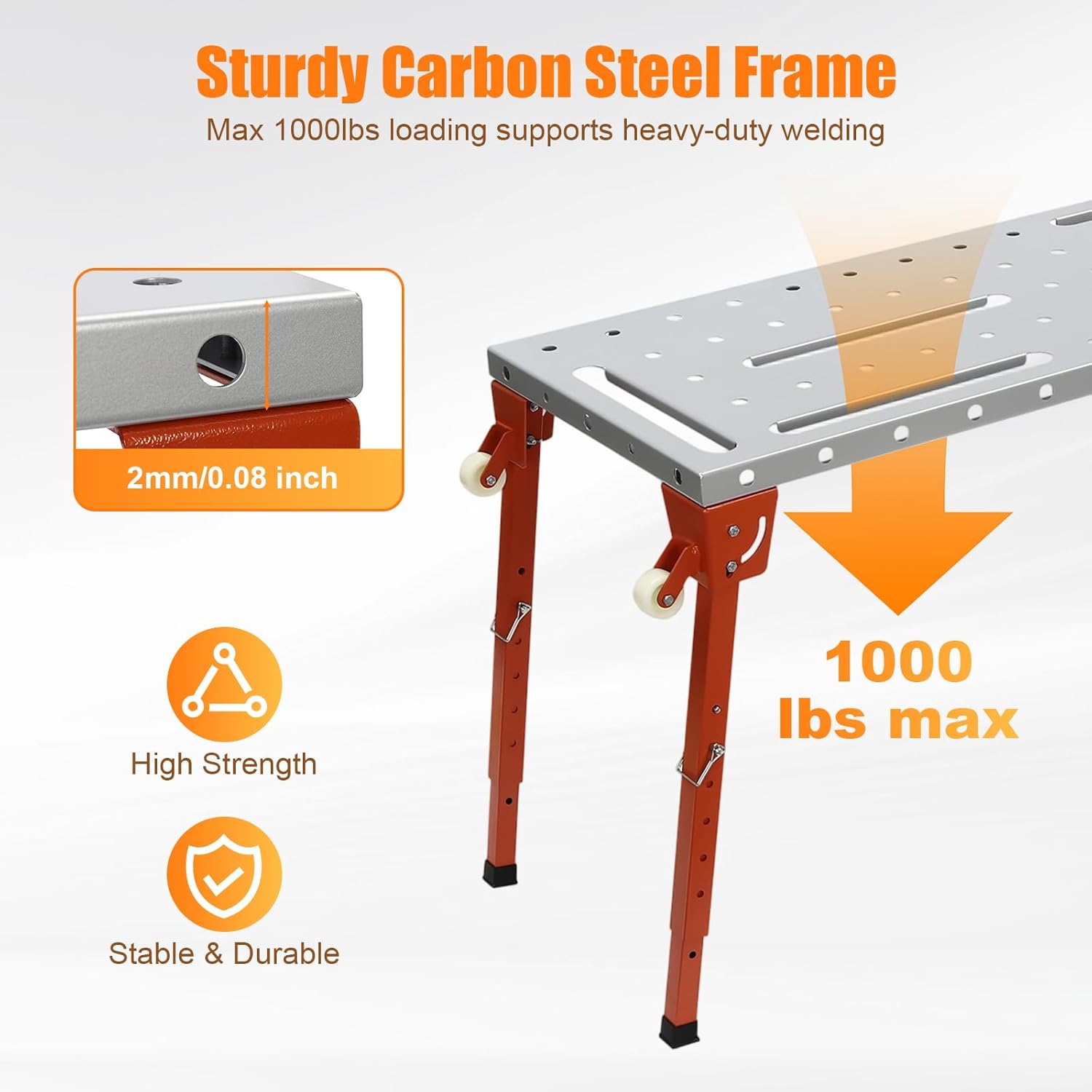 Portable Welding Table - 1000lbs Capacity Folding Workbench with 4 Adjustable Legs and 2 Casters for Welding Sawing and Drilling