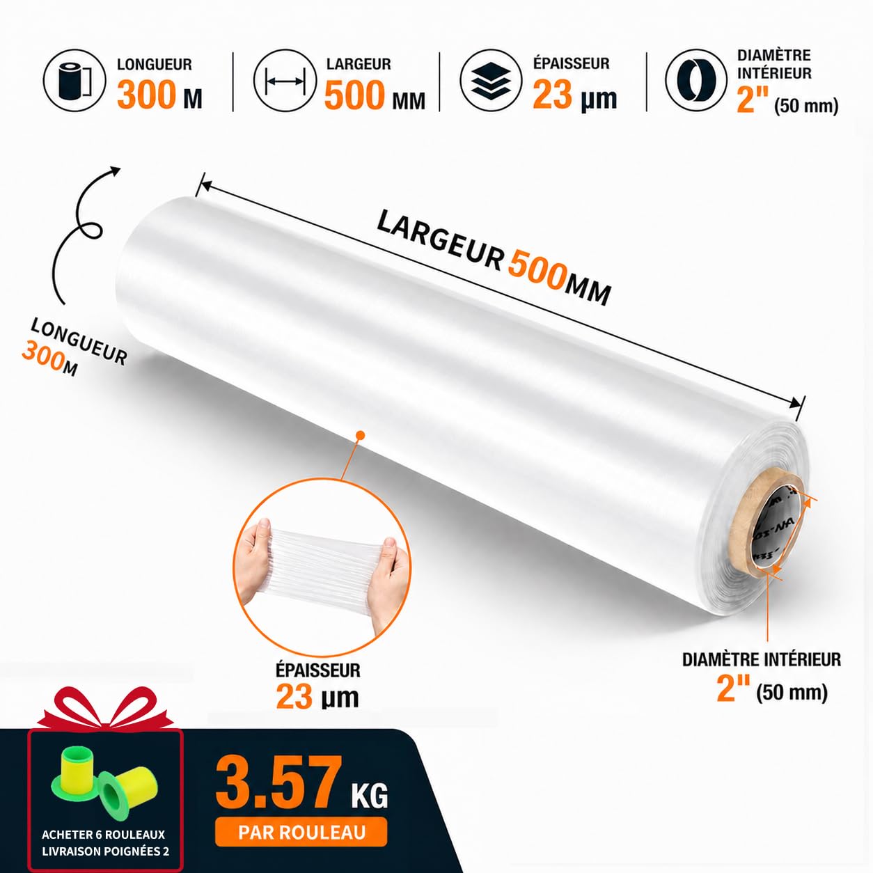 Lot de 6 Films Étirables Transparents 50 cm x 300 m, 23 Microns, 3,57 kg – Film Emballage Professionnel pour Palette, Colis, Déménagement et Protection de Meubles