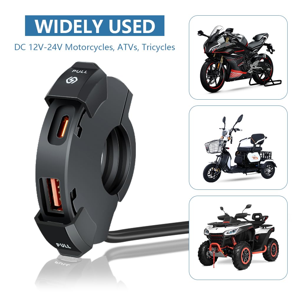 Caricabatterie USB Moto 18W PD 30W Type-C IP65 Impermeabile QC 12V/24V
