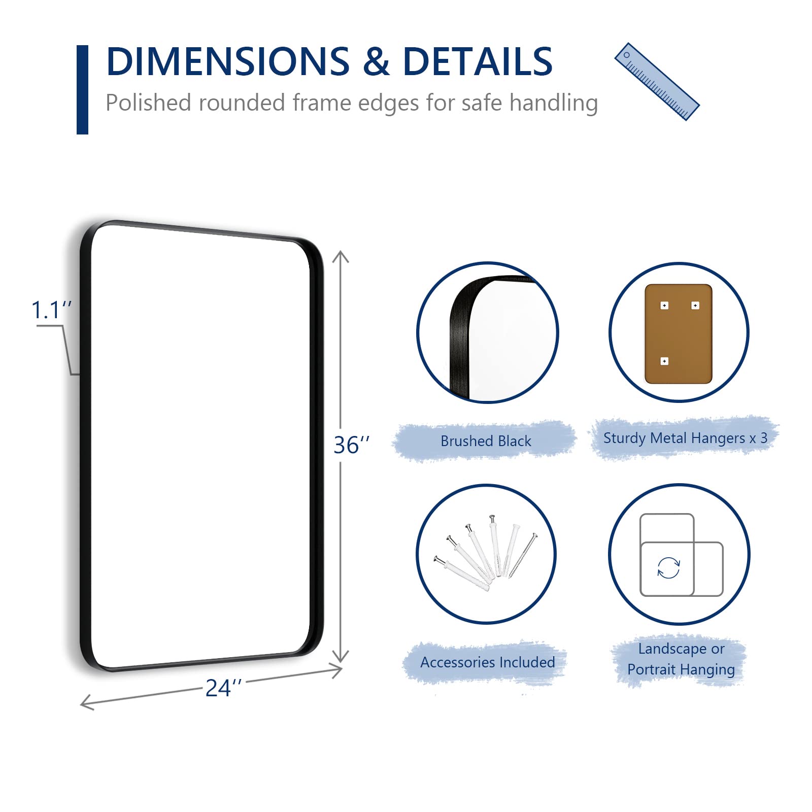 Brush Black Bathroom Mirror (24"x 36"), Modern Black Mirror with Rounded Corners, Black Vanity Mirror for Bathroom, Rectangle Mirror Portrait or Landscape Hang, Metal Frame Mirror for Restroom Mirror
