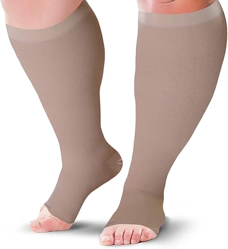 Medias de compresión de punta abierta hasta la rodilla de 20-30 mmHg, uso diario (4XL, beige), Beige