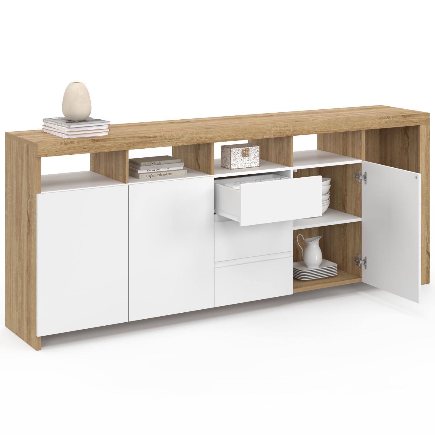 IDMarket - Buffet 180 cm Malo Bois façon hêtre 3 Portes et 3 tiroirs Blancs