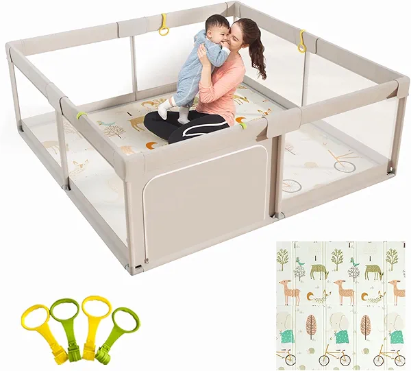 Mloong Baby Playpen with Mat, 59x59 Inches Extra Large Playpen for Babies and Toddlers, Indoor & Outdoor Activity Center, Safety Baby Fence