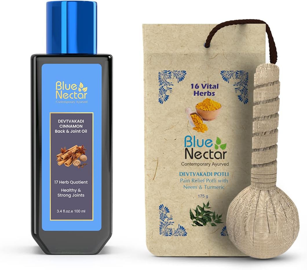 Blue Nectar Ayurvedic Pain Relief Combo: Pain Relief Oil - 100ml & Compress Potli - 175g | for Body, Back, Knee, Joint and Legs Massage