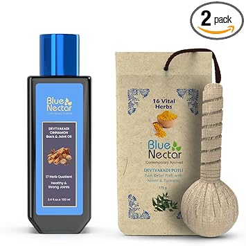 Blue Nectar Ayurvedic Pain Relief Combo: Pain Relief Oil - 100ml & Compress Potli - 175g | for Body, Back, Knee, Joint and Legs Massage