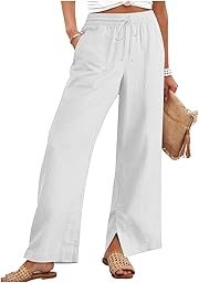 Women's Linen Pants Summer Wide Leg High Waisted Flowy Palazzo Pants Loose Fit Beach Travel Trousers with Pockets