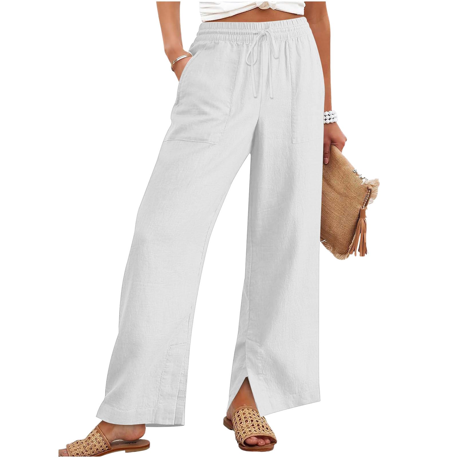 Women's Linen Pants Summer Wide Leg High Waisted Flowy Palazzo Pants Loose Fit Beach Travel Trousers with Pockets