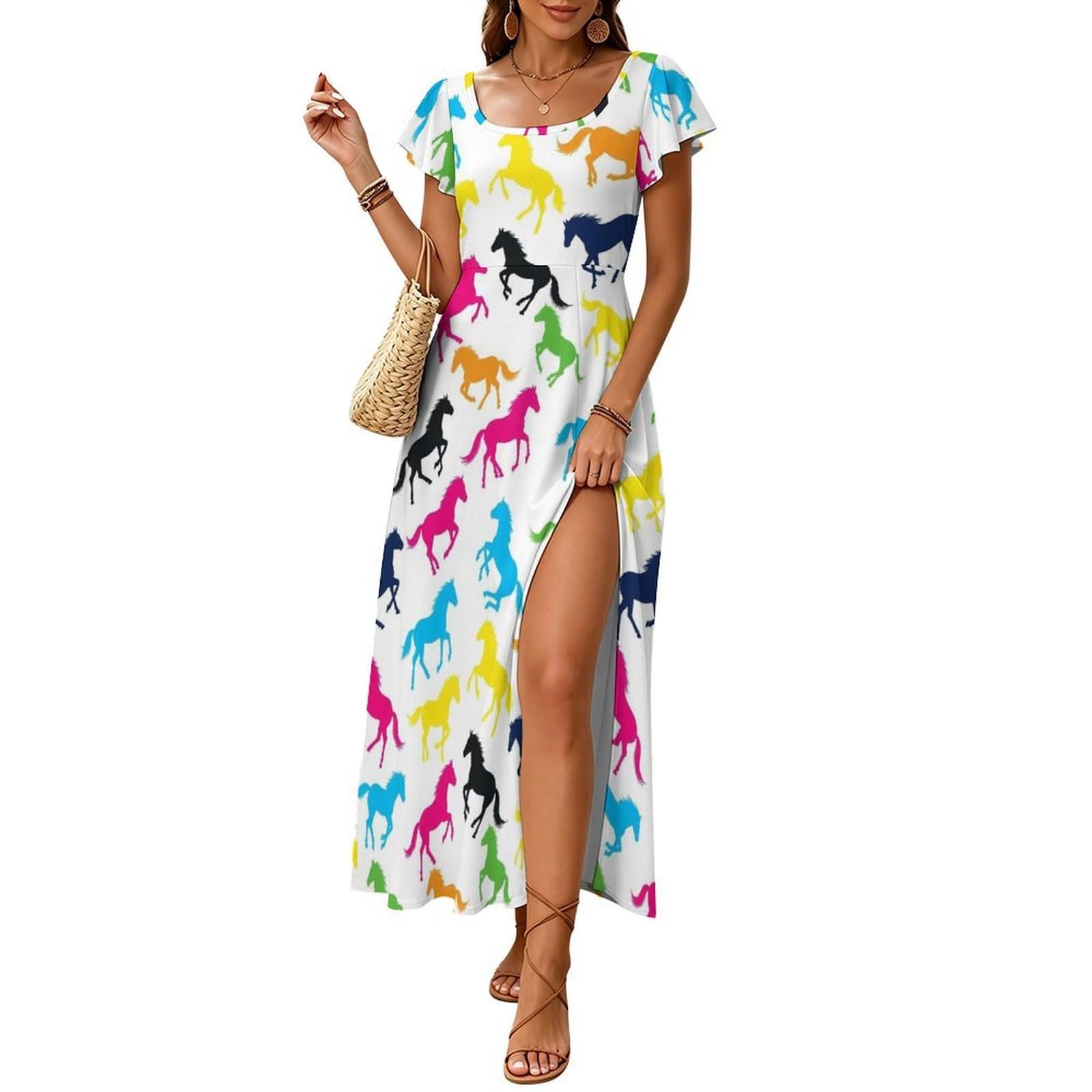 Womens Thigh Split Flowy Maxi Dress Ruffle Sleeve Back Tie Long Dresses