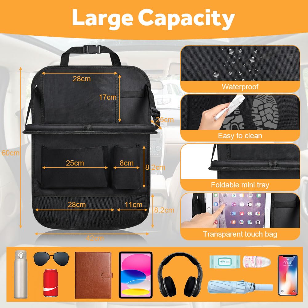 URAQT Organizer per Sedile Posteriore Auto, 1 Proteggi Sedile Auto Bambini Posteriore con Vassoio da Tavolo Pieghevole per tablet bambin, con 6 Tasche e Tavolino Pieghevole, Impermeabile(nero)