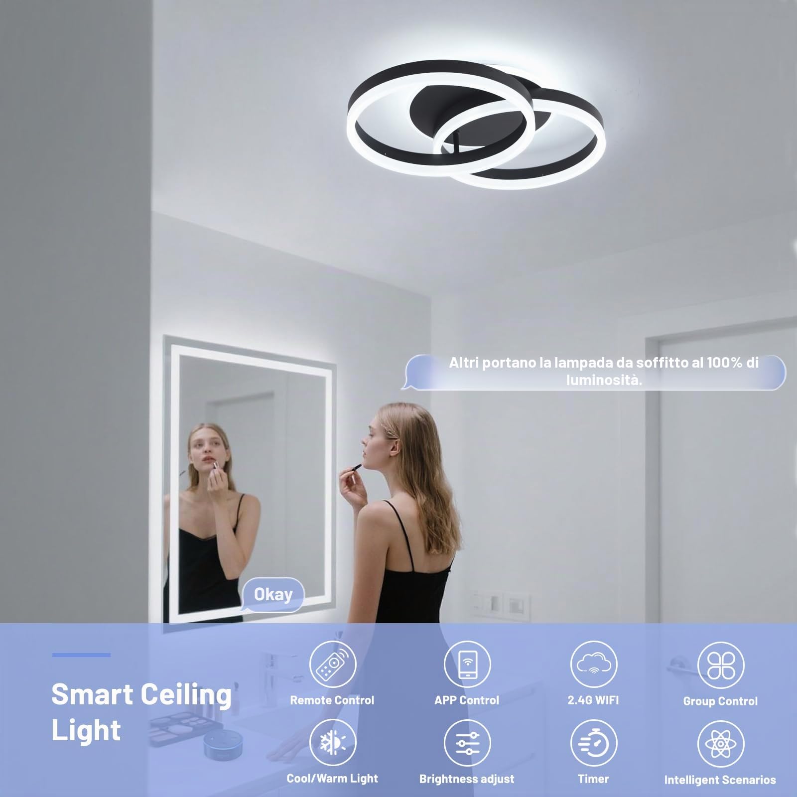 Smart Plafoniera LED Alexa, φ50 cm Design 2 Ring, Lampada da Soffitto 36W, Dimmerabile con Telecomando, Metallo+Acrilico, per Cucina, Camera da letto, Sala da Pranzo Nero
