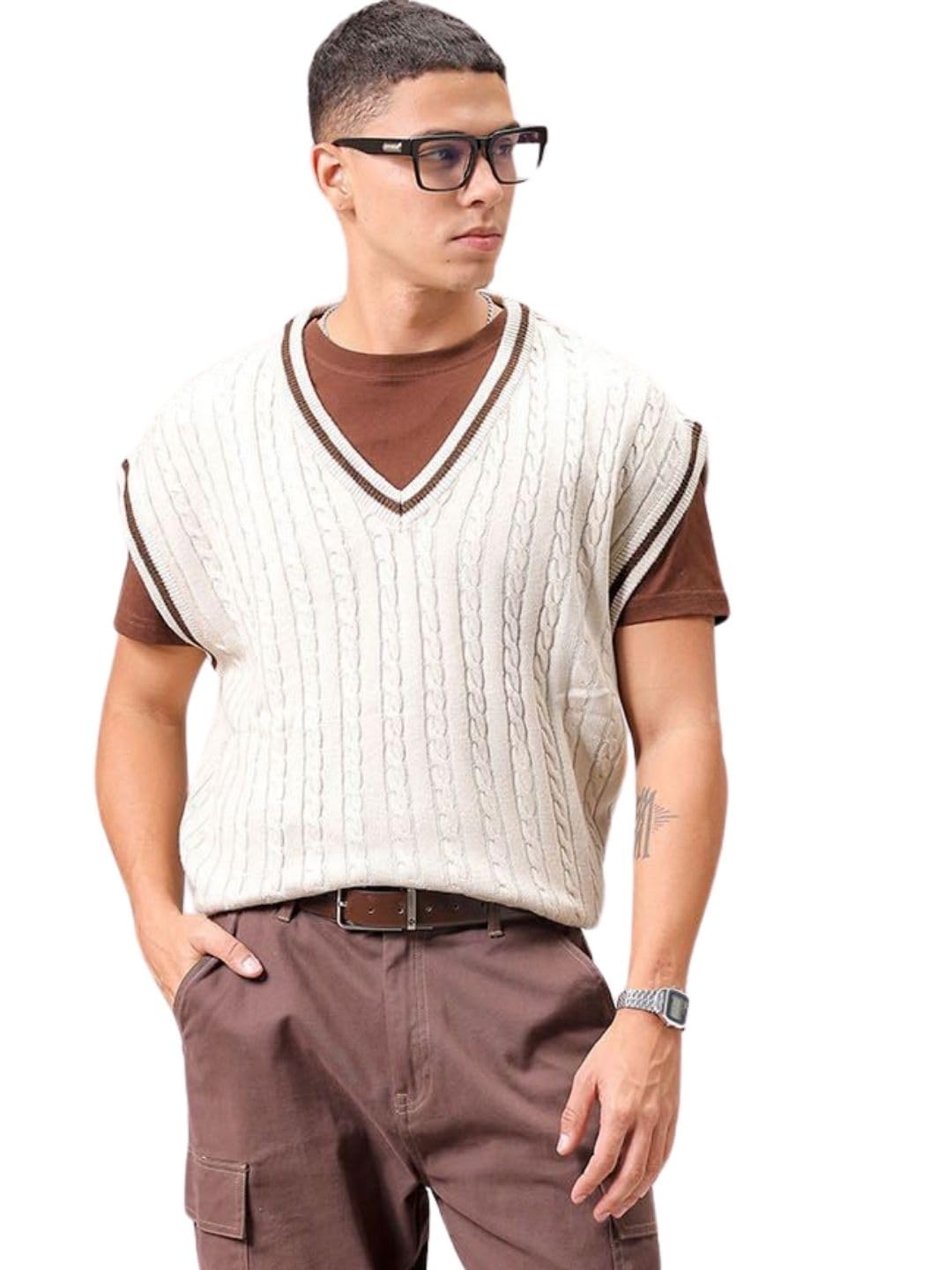 Men Acrylic Oversized Textured V-Neck Sweater-image-2