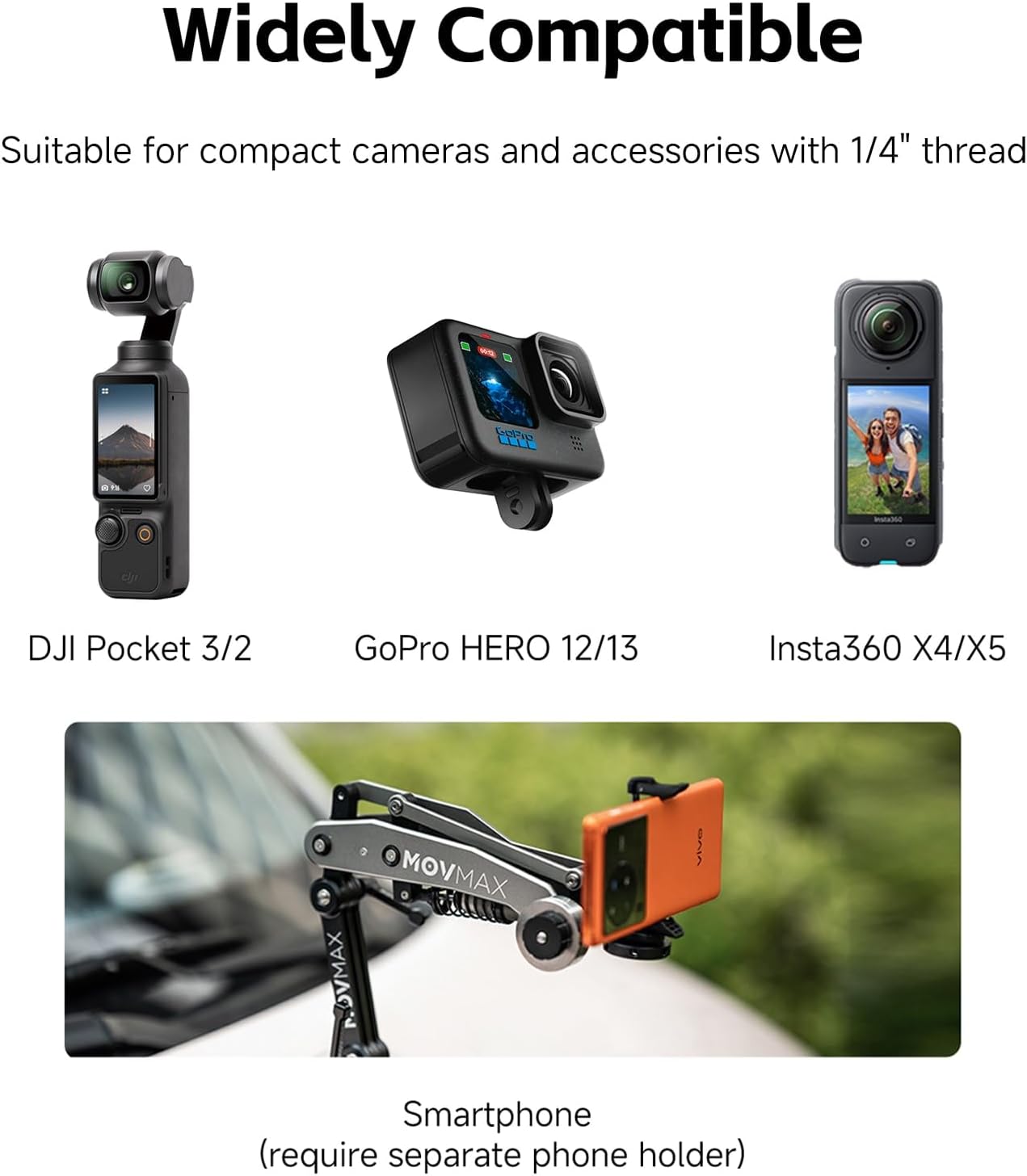 MOVMAX Blade Arm Solar Electronic Suction Cup Mount, Shock Absorber Arm Car Mount for DJI Pocket 3, GoPro Hero 13, 360 Action Cameras with Auto Pressure Detection & LCD Display, Pocket 3 Accessories