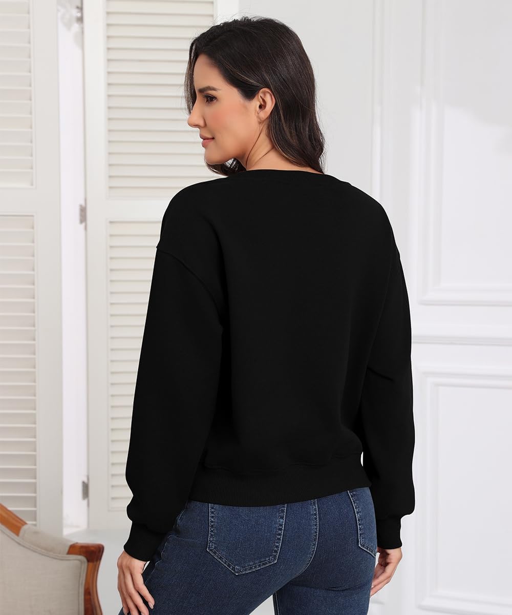 Smile Fish Women V Neck Long Sleeve Sweatshirt Casual Relaxed Cropped Pullover Fleece Lined Warm Tops - Image 2