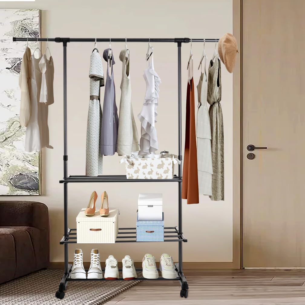 Hershii Adjustable Clothes Rack with 2 Shelves and Wheels Single Rod Clothing Hanging Rail 85-140cm L Garment Storage Stand Mobile Coat Organizer for Bedroom Living Room - Image 2