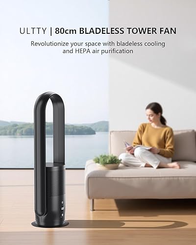 Miniatura 8 de ULTTY - Combo de ventilador de torre sin aspas y purificador de aire, con dos filtros HEPA 99.97 % de humo y polvo de caspa de polen, ventilador de