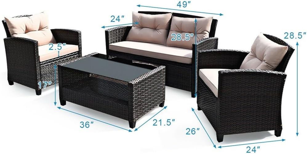 4PCS Patio Rattan Furniture Set Cushioned Sofa Armrest Table W/Shelf