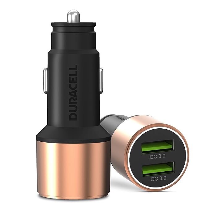 Duracell 36W Fast Car Charger Adapter with Dual USB Port. Qualcomm Certified 3.0, Quick Charge. Compatible with iPhone, All Smartphones, Tablets & More – Copper & Black at Rs. 768