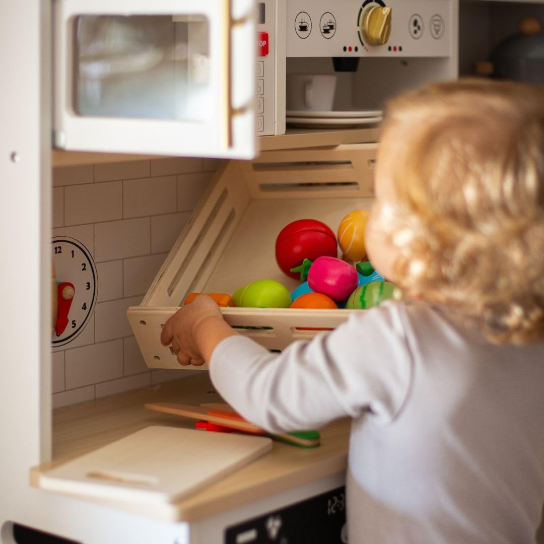 Mamabrum Frutas y Verduras Juguete - Set de Comida Madera con 17 Elementos Magnéticos - Comida de Juguete para Cocinita Infantil con Tabla, Cuchillos y Caja Almacenamiento - 3+ Años