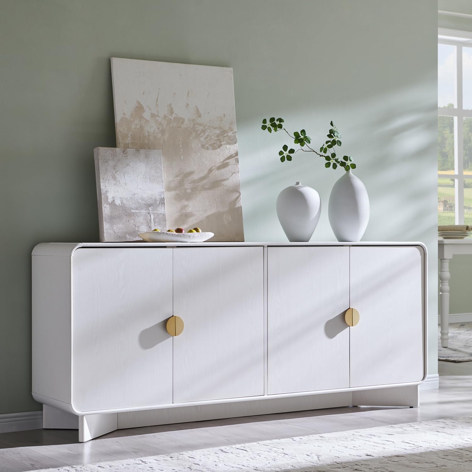 IFGET Modern Buffet Cabinet with Storage, 70" Large Sideboard Buffet Storage Cabinet with 4 Doors and Adjustable Shleves, Wooden Curved Coffee Bar for