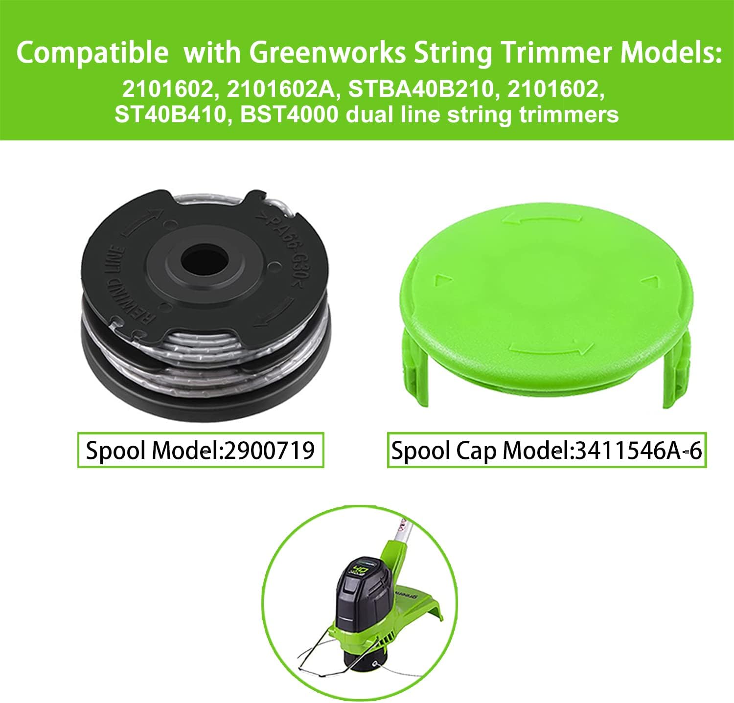 2900719 Weed Wacker Spools for Greenworks 20ft 0.065" 2101602, 2101602A, STBA40B210, 2101602, ST40B410 Replacement Trimmer Spools,10-Line Spool + 2Cap