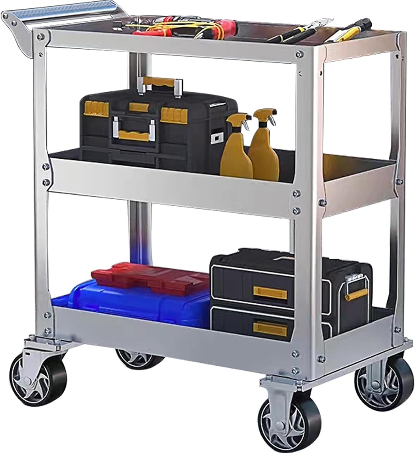 JYBNBBE 3 Tier Stainless Steel Trolley, Heavy Duty Service Cart with 500kg Load Capacity, Rolling Utility Cart with 4 Wheels and Ergonomic Handle for Workshop Garage Kitchen