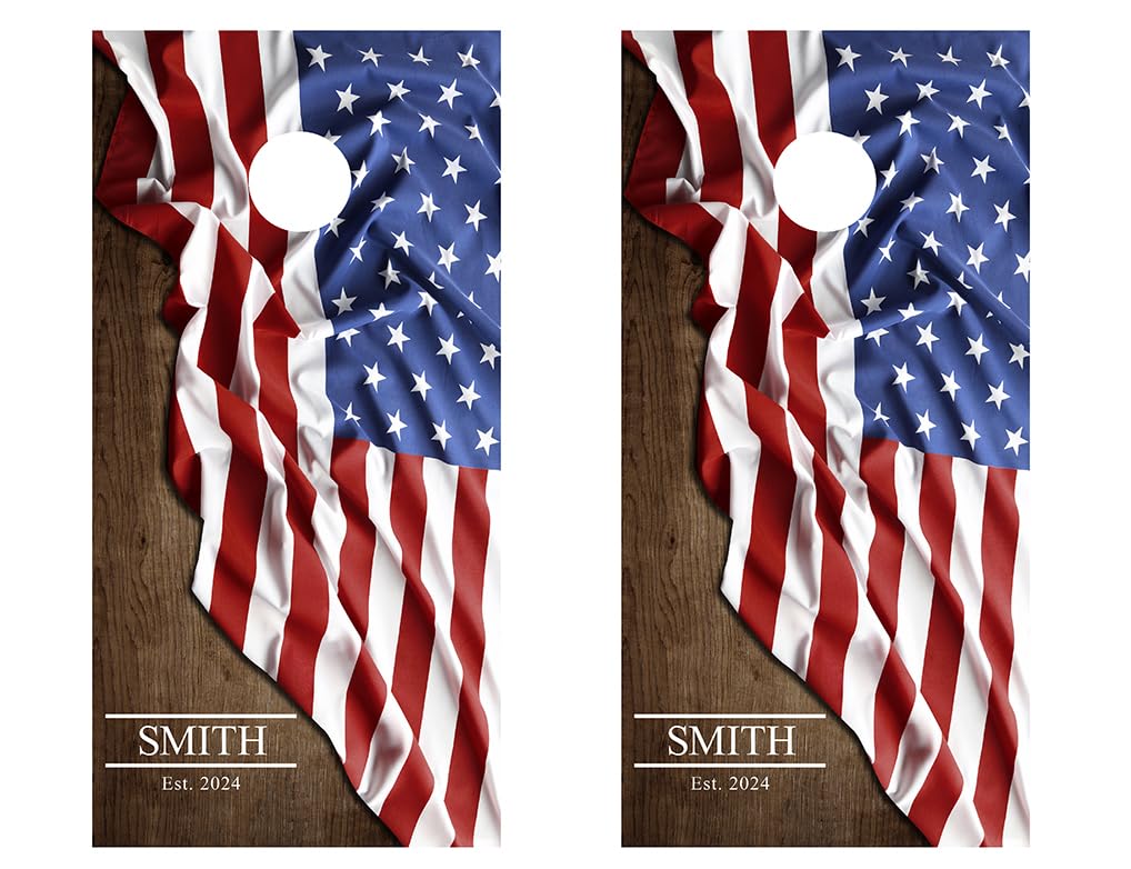 Cornhole Wraps #743 Family Name Flag - Personalized Cornhole Graphic Decals - Includes Application Squeegee - Set of (2) 25