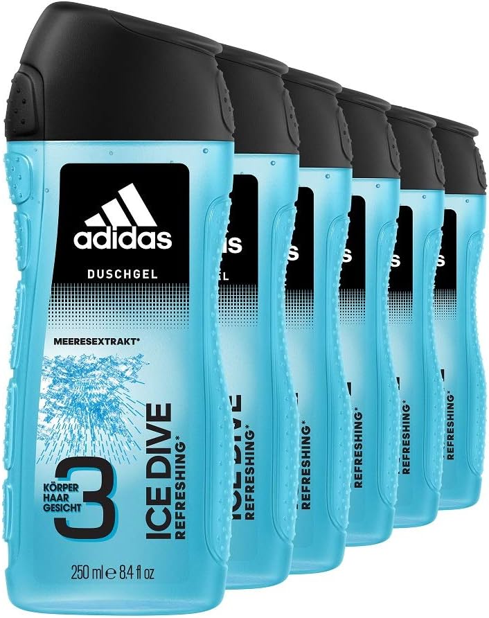 adidas Ice Dive Shower Gel with 3-in-1 Formula for Face, Body and Hair and a Long-lasting Fresh Feel, Shower Gel Set in 6 Pack (6 x 250 ml)